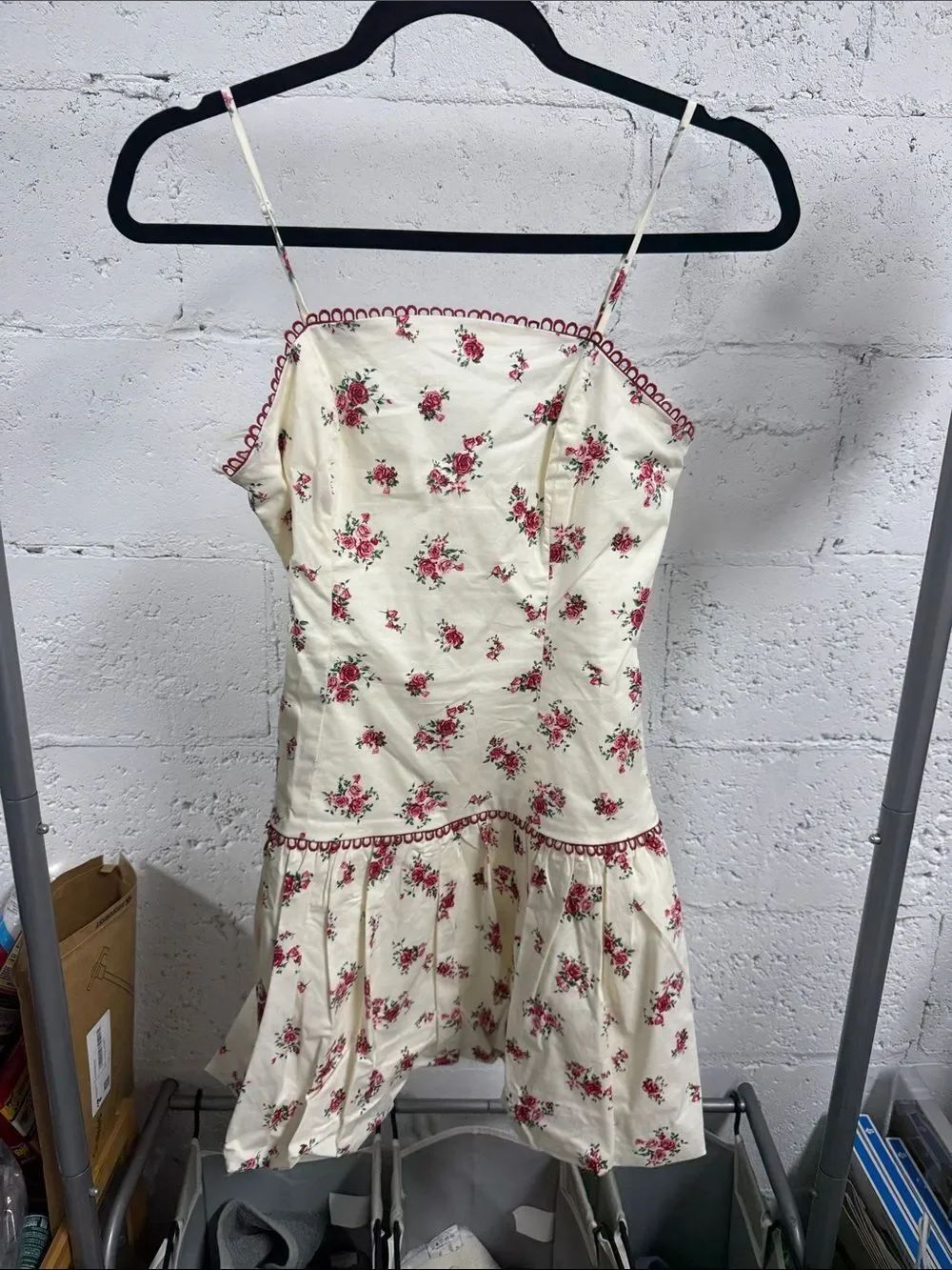Cream Floral Spaghetti Strap Sundress with Red Trim THIRTY THIRTY Size Small